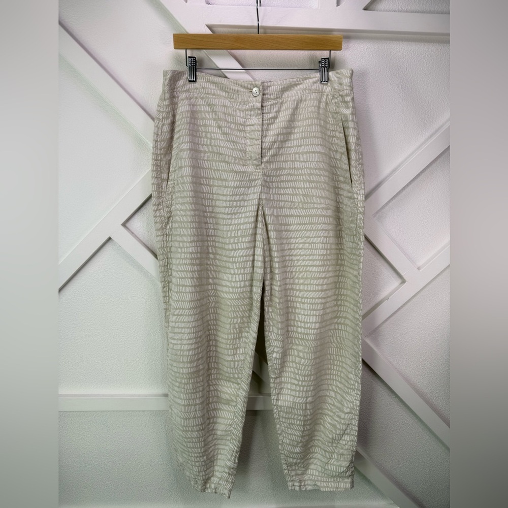 OSKA 100% Linen Printed Relaxed Crop Pants Beige Size 3 (US 10/12) Lagenlook